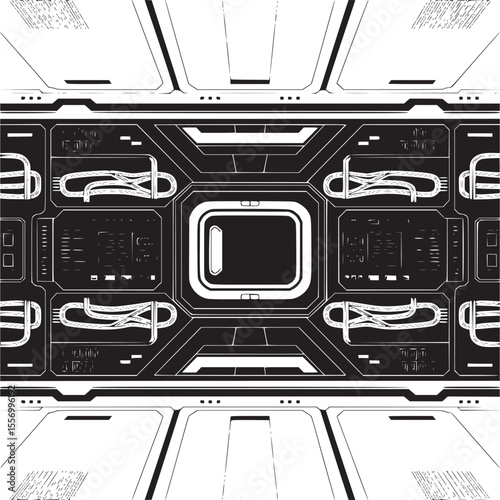 A detailed illustration of a futuristic spaceship interior with panels and intricate designs shown