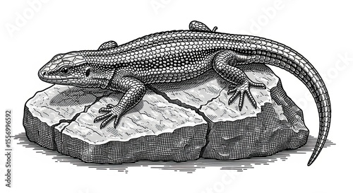 Engraved Lizard Crawling On Textured Rough Rock
