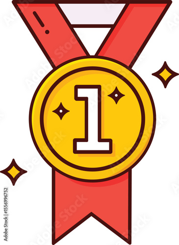 Gold Medal with Red Ribbon and Sparkles – First Position Vector Award