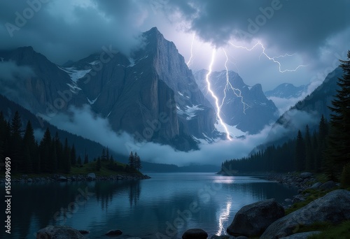 lightning striking dramatic mountain backdrop nature landscape thunderstorm clouds, sky, peak, cliff, dusk, view, rocky, scenic, stormy, mountainrange