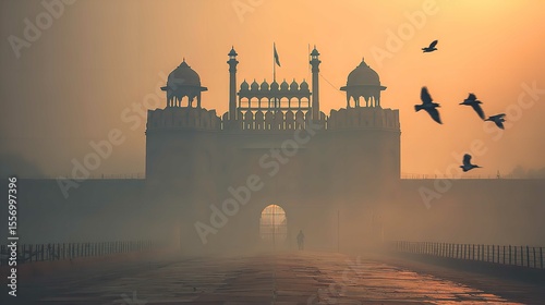 A lone figure enters the Red Fort in Delhi as birds take flight in the hazy dawn evoking history mystery and journey