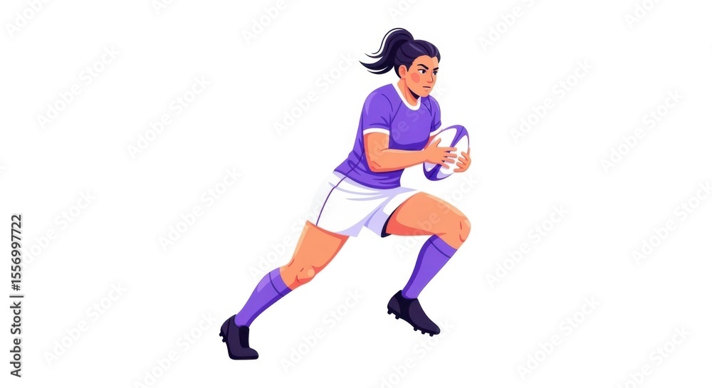 Naklejka premium Woman Rugby Player Running with Ball Illustration