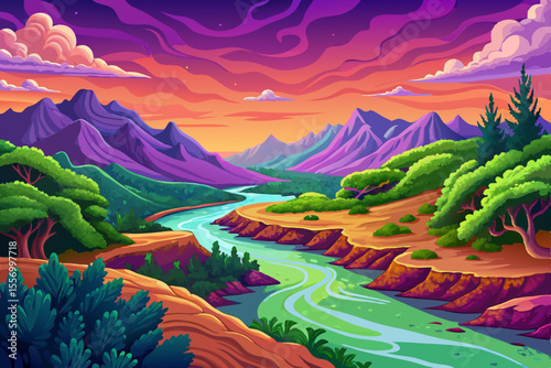 Amazing spring or summer illustration landscape with field, green hills, river and forest. Vector in trendy flat simple style. banner, greeting card or poster