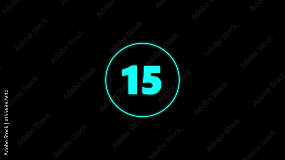 Glowing Circle countdown timer one minute animation from 20 to 0 second animation on black background with alpha channel, 20 second countdown timer