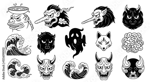 Japanese Yokai Vector Set Folklore Symbols.