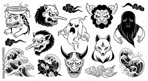 Yokai Japan Line Art with Ghost, Demon, and Monster.