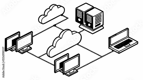 Network diagram showing cloud servers computers and laptop connected with dotted lines in black and white created with generated ai