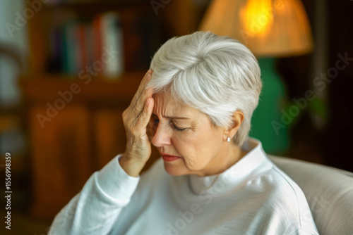 Senior woman with gray hair sitting in a cozy living room, holding her head in discomfort, conveying sense of stress and fatigue, surrounded by warm lighting and soft furnishings