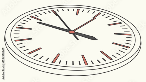 Illustration of a round wall clock with black hands and red hour markers on a white background created with generated ai