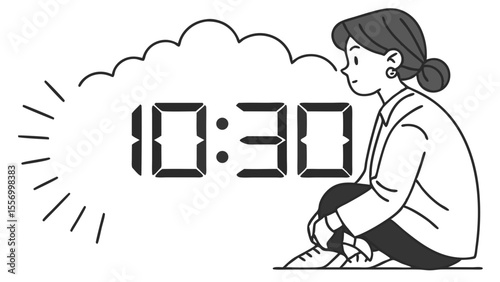 Illustration of a woman sitting next to a digital clock displaying ten thirty with a cloud around it created with generated ai