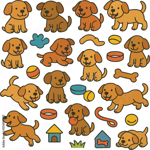 Cute Cartoon Puppy Icons Set with Toys and Accessories

