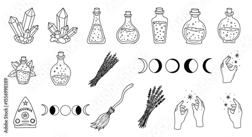 Witchcraft Set Potions with Crystals, Broom, and Moons.