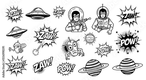Space Comic Set Aliens with Planets Vector.