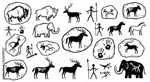 Cave Painting Set Ancient Art Symbols.