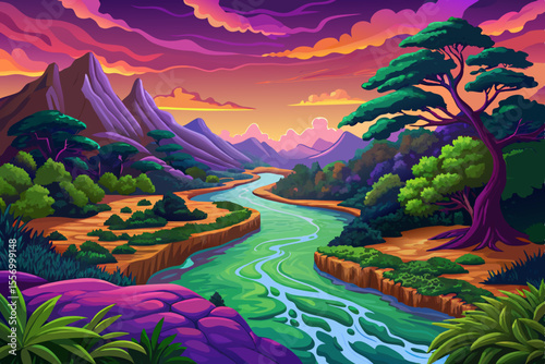 Amazing spring or summer illustration landscape with field, green hills, river and forest. Vector in trendy flat simple style. banner, greeting card or poster