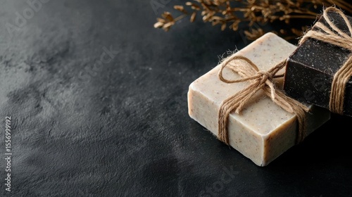 Two handmade soaps tied together with twine on a black textured background. the soap bars are rectangular in shape and appear to be made of a light-colored soap with a speckled texture.