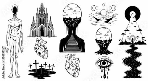 Gothic Surrealism Vector Icon Set.