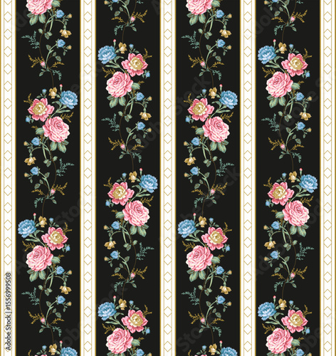 Black background with delicately shaded flowers creates an antique, nostalgic charm perfect for traditional interiors.