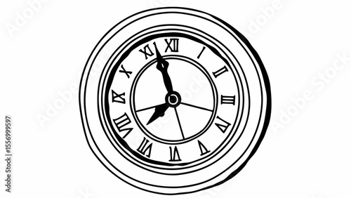 Illustration of a clock face with roman numerals and hands indicating the time in black and white created with generated ai