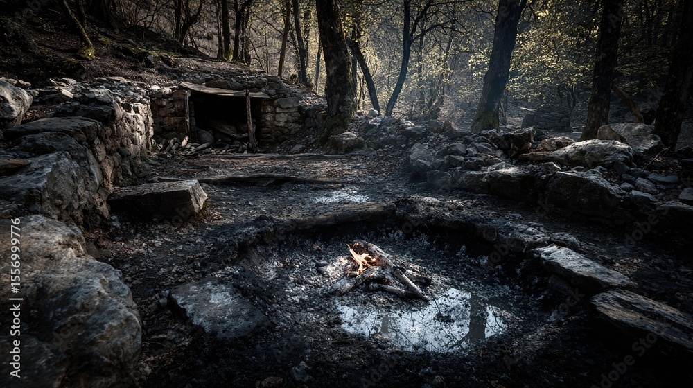 Obraz premium and keyword list based on your imageForest Campfire Scene Embers Glow in Woods