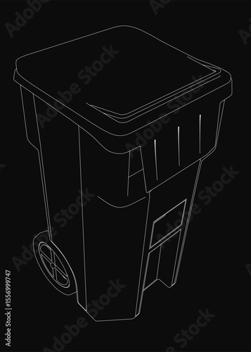 A black and white wheelie bin stands out against a dark background, outlined in clean white lines for stark contrast. The simple yet bold illustration highlights urban waste management