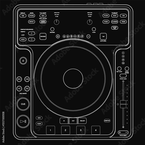 A black and white drawing of a controller featuring detailed knobs, faders, and performance pads for precise music mixing. The vinyl-style jog wheels and sampler controls.