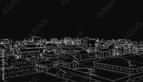 Black and white cityscape illustration featuring multiple buildings and utility poles in the foreground. The dark background enhances the contrast, creating a dramatic urban silhouette.
