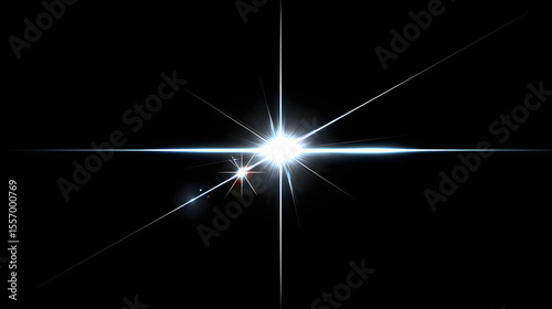 Bright White Lens Flare with Sharp Starburst Effect and Glare on Dark Background, Digital Light Overlay