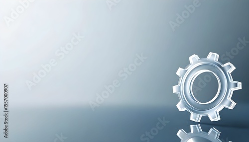 A translucent gear icon, subtly reflecting on a gray surface, against a soft gradient background.