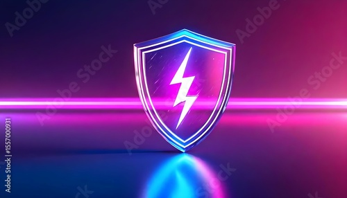 A glowing shield with a lightning bolt symbol, reflecting light on a dark background.