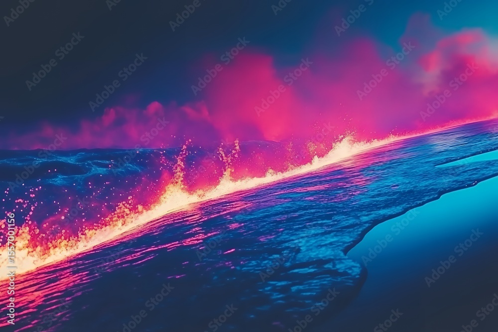 Naklejka premium Vibrant Pink and Blue Ocean Waves Crashing Under a Dramatic Sky