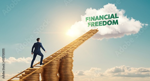 Wallpaper Mural Businessman climbing a staircase of gold coins towards a cloud labeled 'Financial Freedom' (AI Generated) Torontodigital.ca