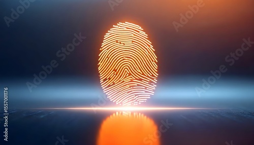A glowing, stylized fingerprint graphic against a dark background, illuminated from below.