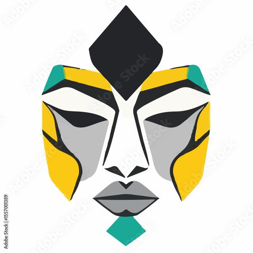 A vector graphic featuring a stylized, abstract face in shades of yellow, gray, black, and teal, with a diamond shape on the forehead and chin, on a white background.