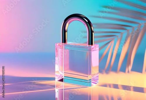 A translucent pink padlock rests on a reflective surface, bathed in vibrant neon light, with a palm frond casting a shadow.