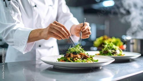 A chef meticulously plates a fresh salad with tongs in a professional kitchen, steam rising from a pot in the background.