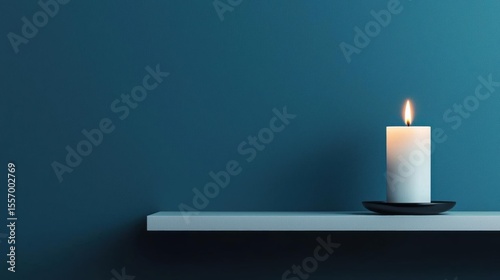 Single white candle on a black candle holder on a white shelf against a dark blue wall. the candle is lit, with the flame burning brightly and casting a warm glow on the surrounding area.