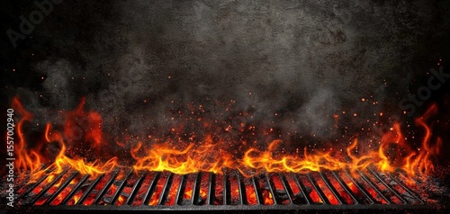 Portable BBQ Grill with Flaming Fire and Charcoal Embers on Black Background Hot empty barbecue