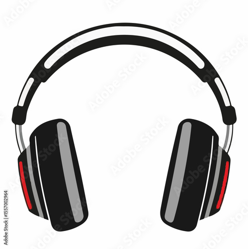 A vector illustration of modern black over-ear headphones with silver accents and red highlights. Ideal for music, audio, or entertainment themes.