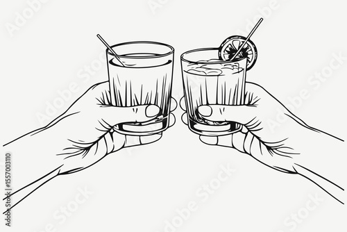 hands with cocktails clinking sketch illustration vector