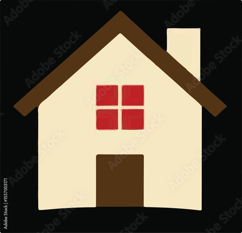 A quaint vector icon of a simple house with a brown roof and chimney, a red-paned window, and a brown door, set against a black background.