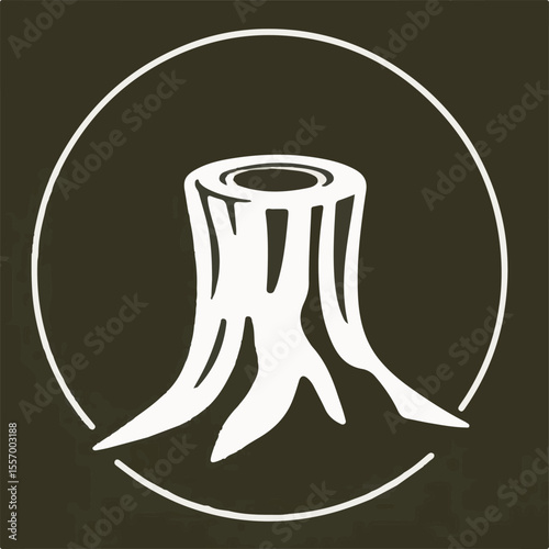 A clean, white vector silhouette of a tree stump with visible growth rings, encircled by a thin white line, set against a dark background, symbolizing nature, strength, or cycles.