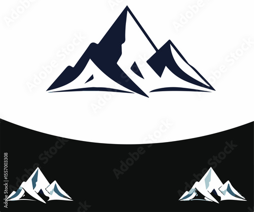 
A stylized vector image featuring three distinct dark blue mountain peaks, with a light blue and white abstract base, set against a two-tone white and black background.