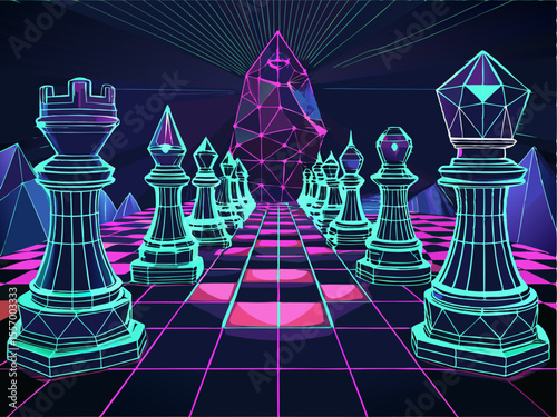 abstract chess pieces Complete Wireframe Chess Set Vector – Low Poly Digital Strategy Board