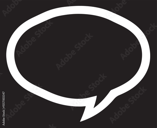 A clean, white outlined vector speech bubble with a rounded, oval shape and a pointer at the bottom right, set against a solid black background.
