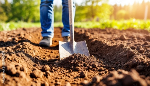Close-up of a person using a shovel to dig soil in a sunlit garden