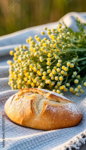 Freshly baked round bread with yellow flowers on a textured fabric background