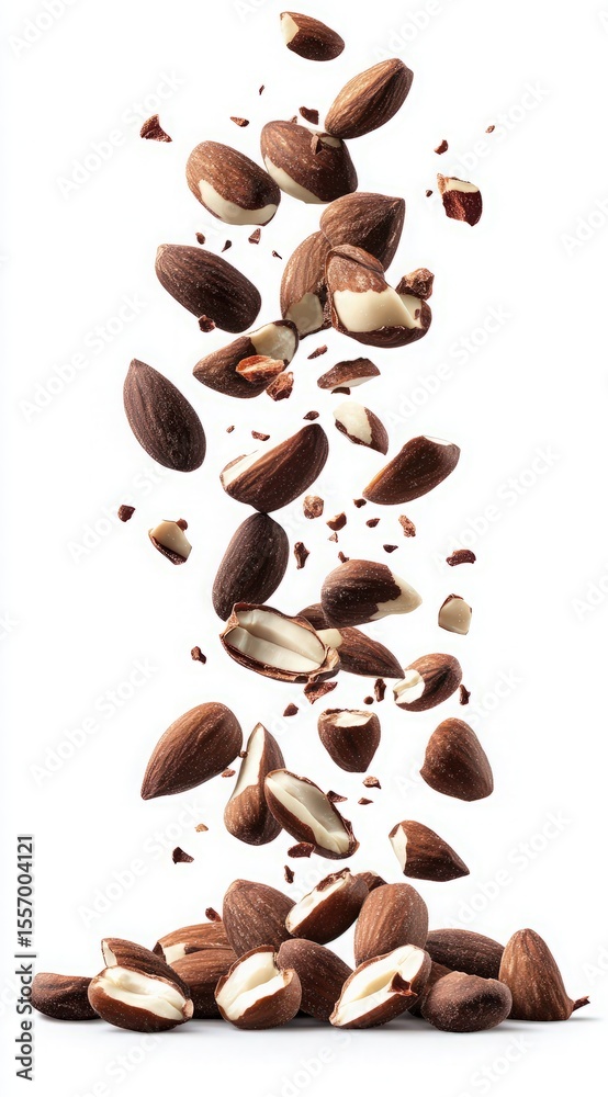 Obraz premium Falling Almonds, Chunks, and Crushed Pieces Captured in Motion Against a White Background for Culinary and Snack Themes
