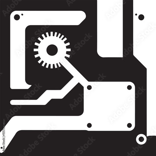 A minimalist black and white vector image featuring abstract geometric shapes and a gear, evoking themes of machinery, circuit boards, or industrial design.