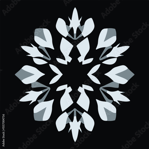 A detailed vector illustration of a snowflake with intricate, layered patterns in shades of white and gray, set against a dark, possibly black, background.